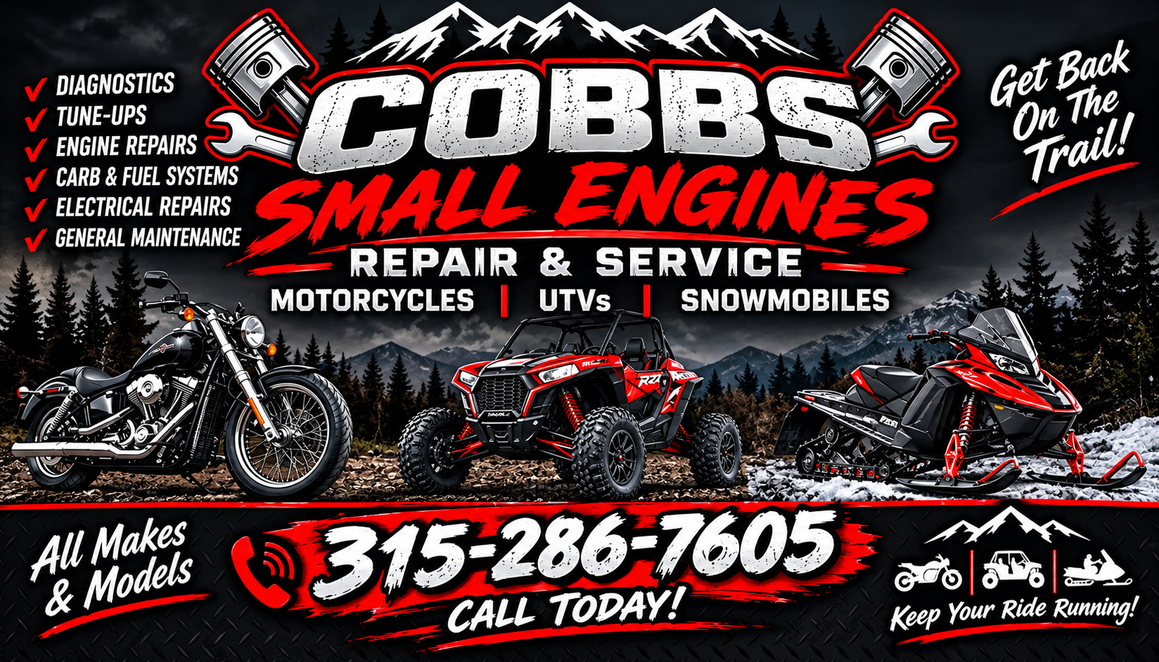 Cobbs Small Engines repair and service banner featuring a motorcycle, UTV and snowmobile